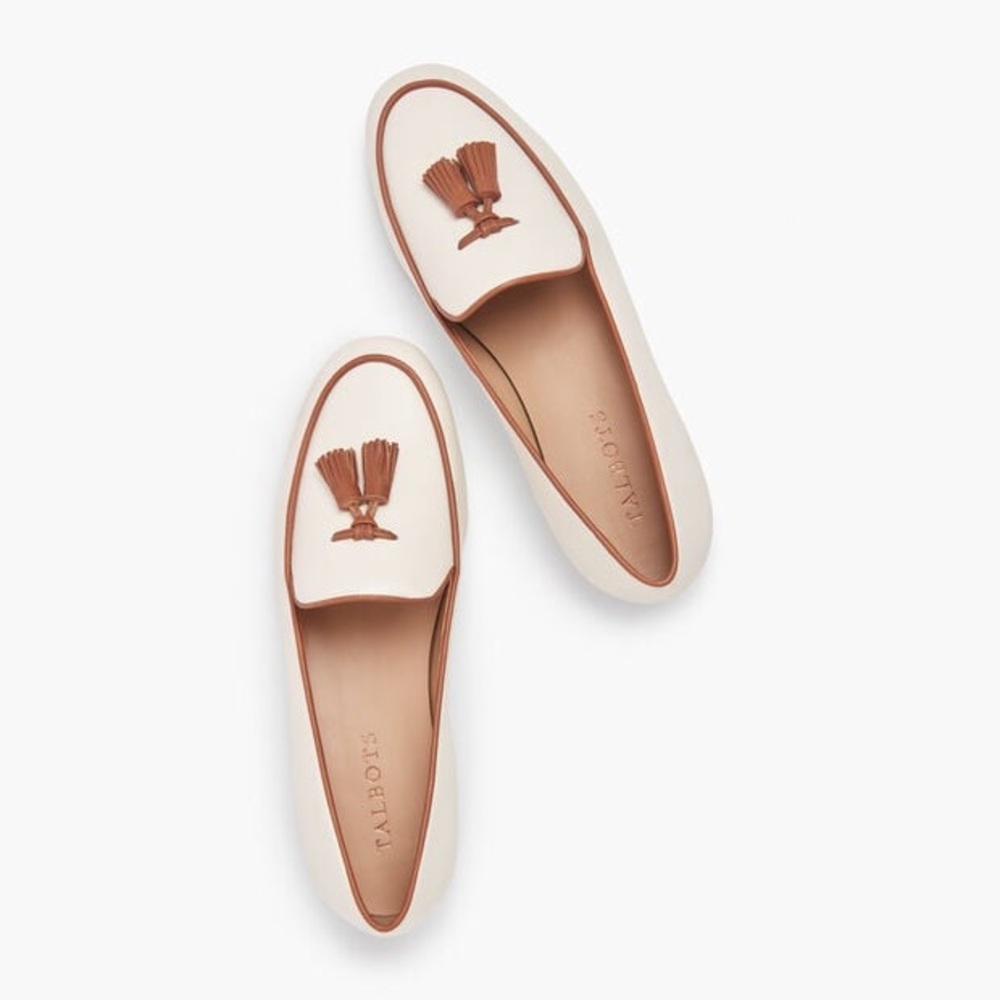 Talbots Cream and‎ Brown Napa Leather Tassel Cassidy Loafers Sz. 8